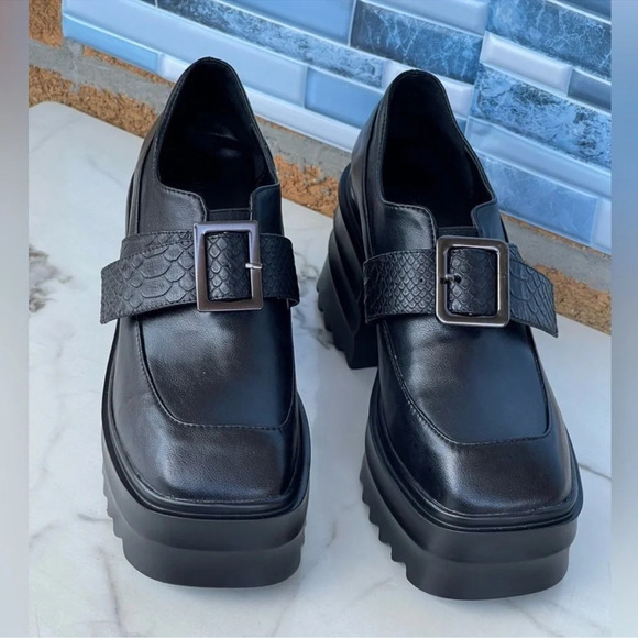 JADYROSE | BLACK MATTE LEATHER CHUNKY HEEL LOAFER SIZE 38/8 - Picture 2 of 14